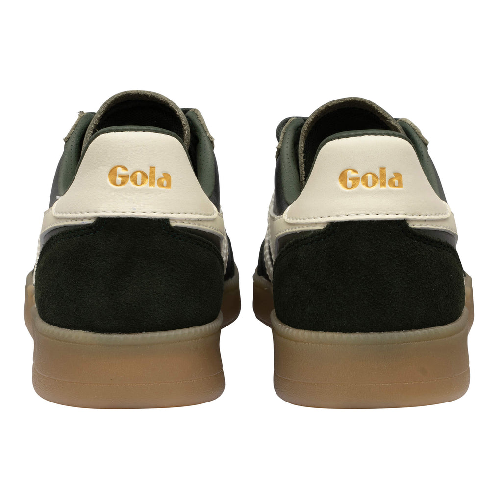 Rear view of two Gola trainers in dark green with cream trim and gum soles