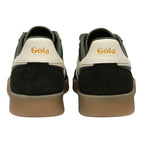 Rear view of two Gola trainers in dark green with cream trim and gum soles