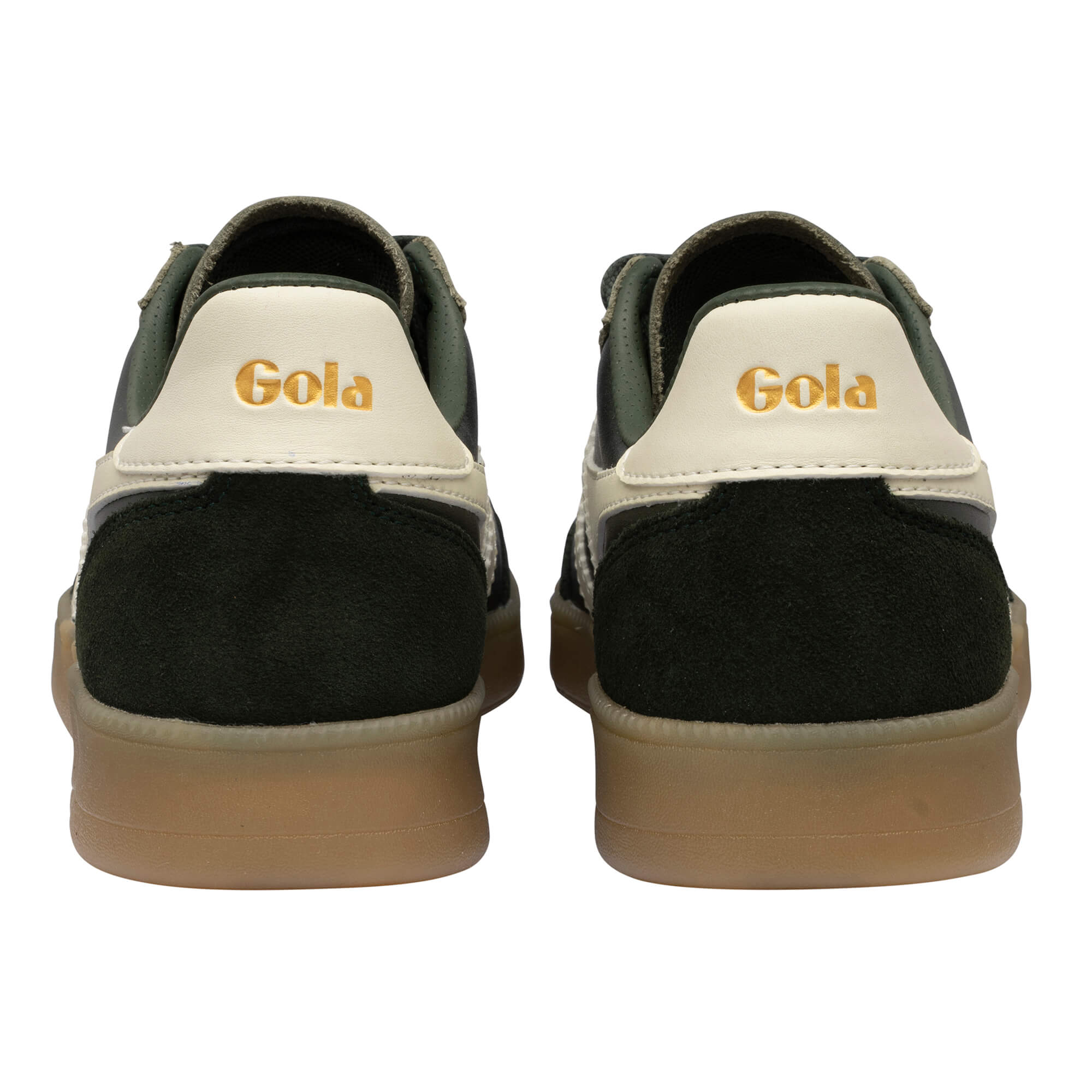 Rear view of two Gola trainers in dark green with cream trim and gum soles