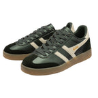 Pair of Gola Harrier trainers in dark green with cream stripes and gum sole