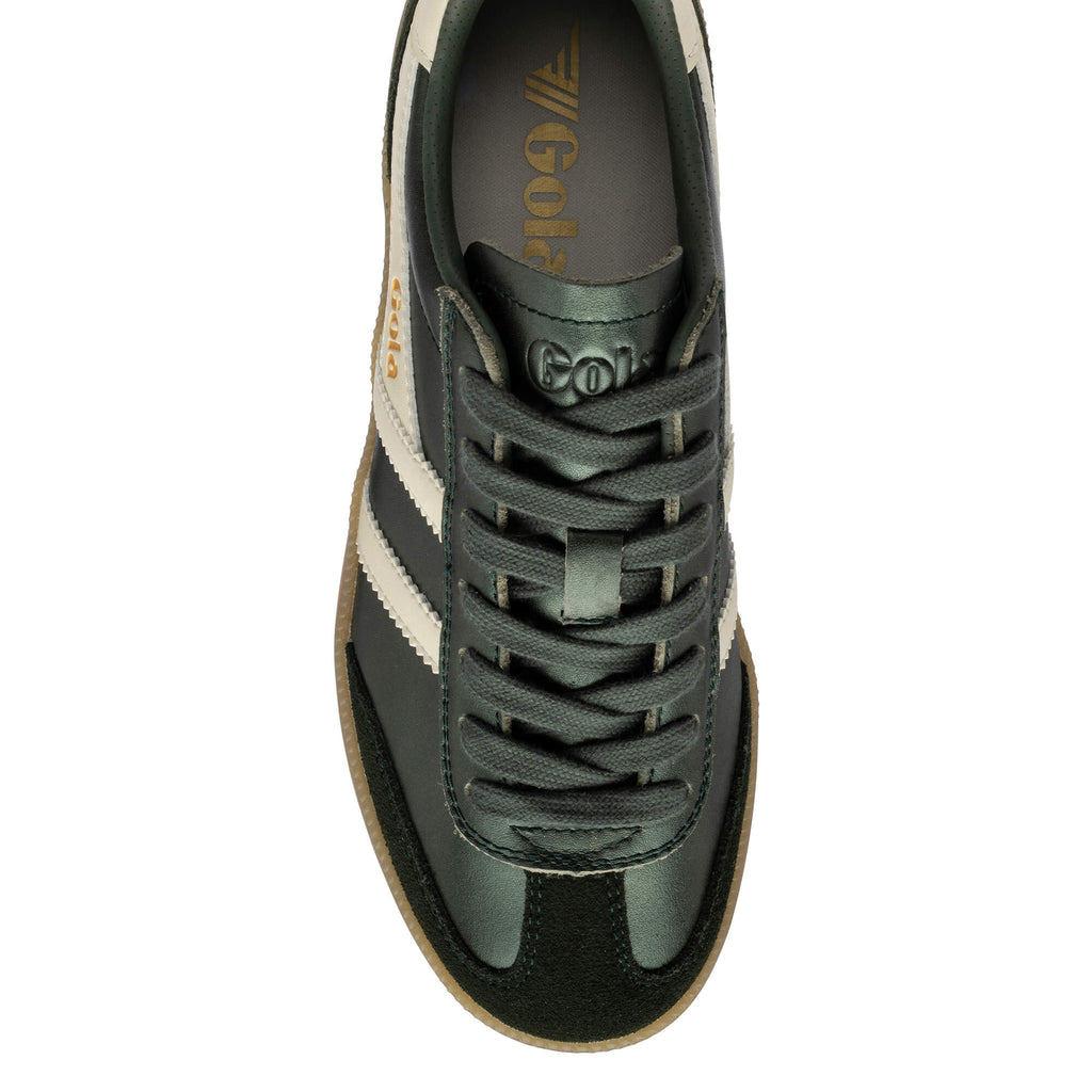 Close up of a dark green Gola trainer with white stripes and dark green laces