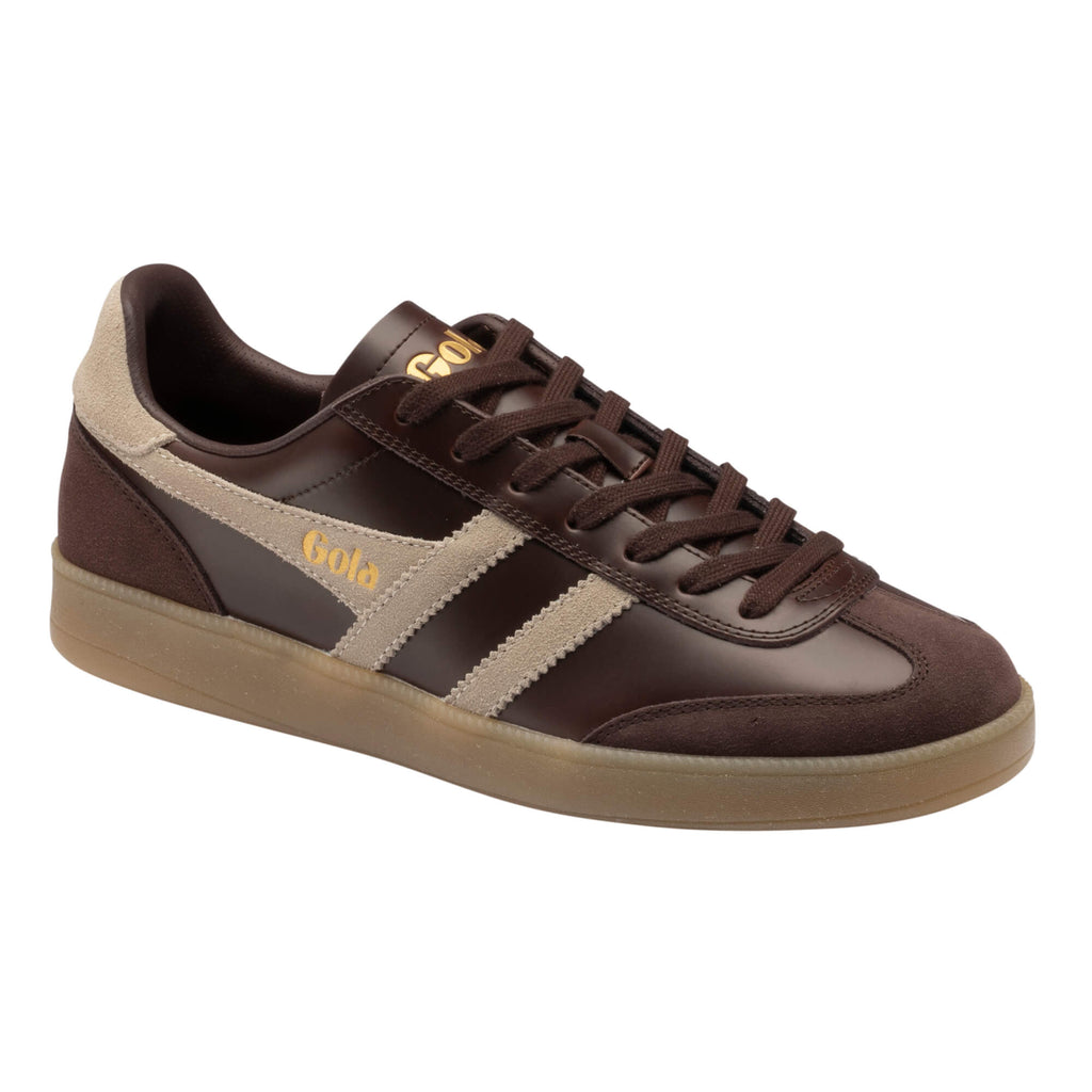 Gola Harrier trainer in dark brown with light brown stripes and gum sole