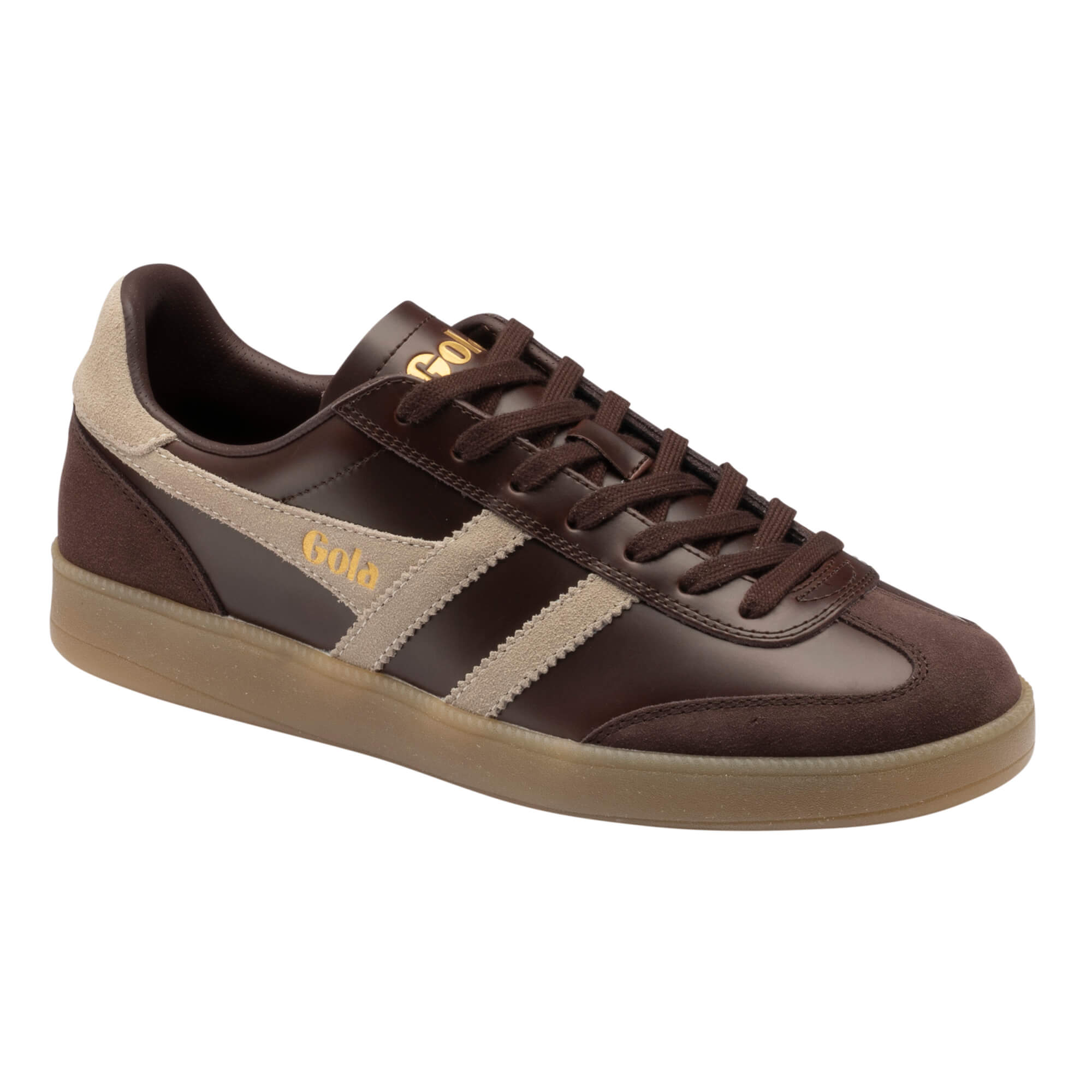 Gola Harrier trainer in dark brown with light brown stripes and gum sole