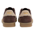 Rear view of Gola sneakers in brown and beige with Gola branding on the heel