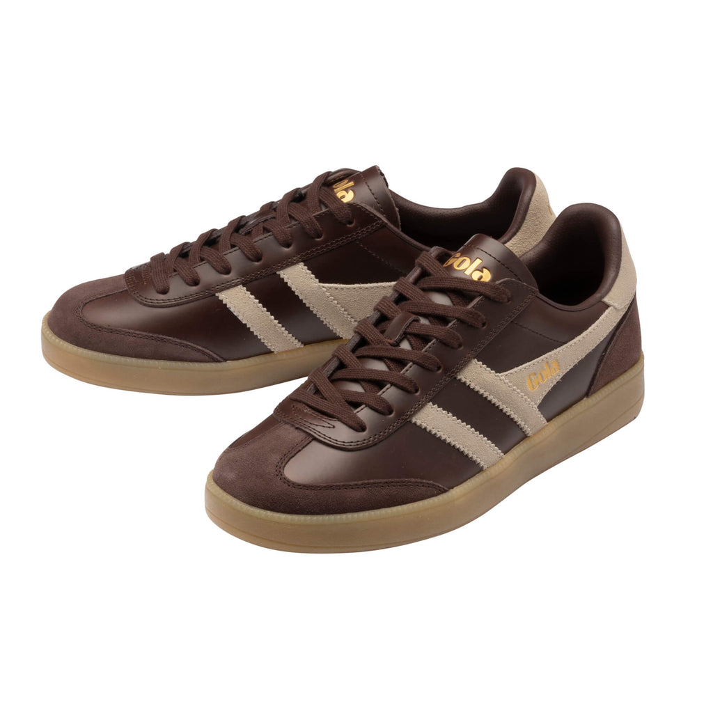 Pair of Gola Harrier trainers in dark brown with beige stripes and gum sole