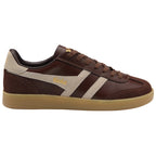 Brown Gola trainer with beige stripes and gum sole