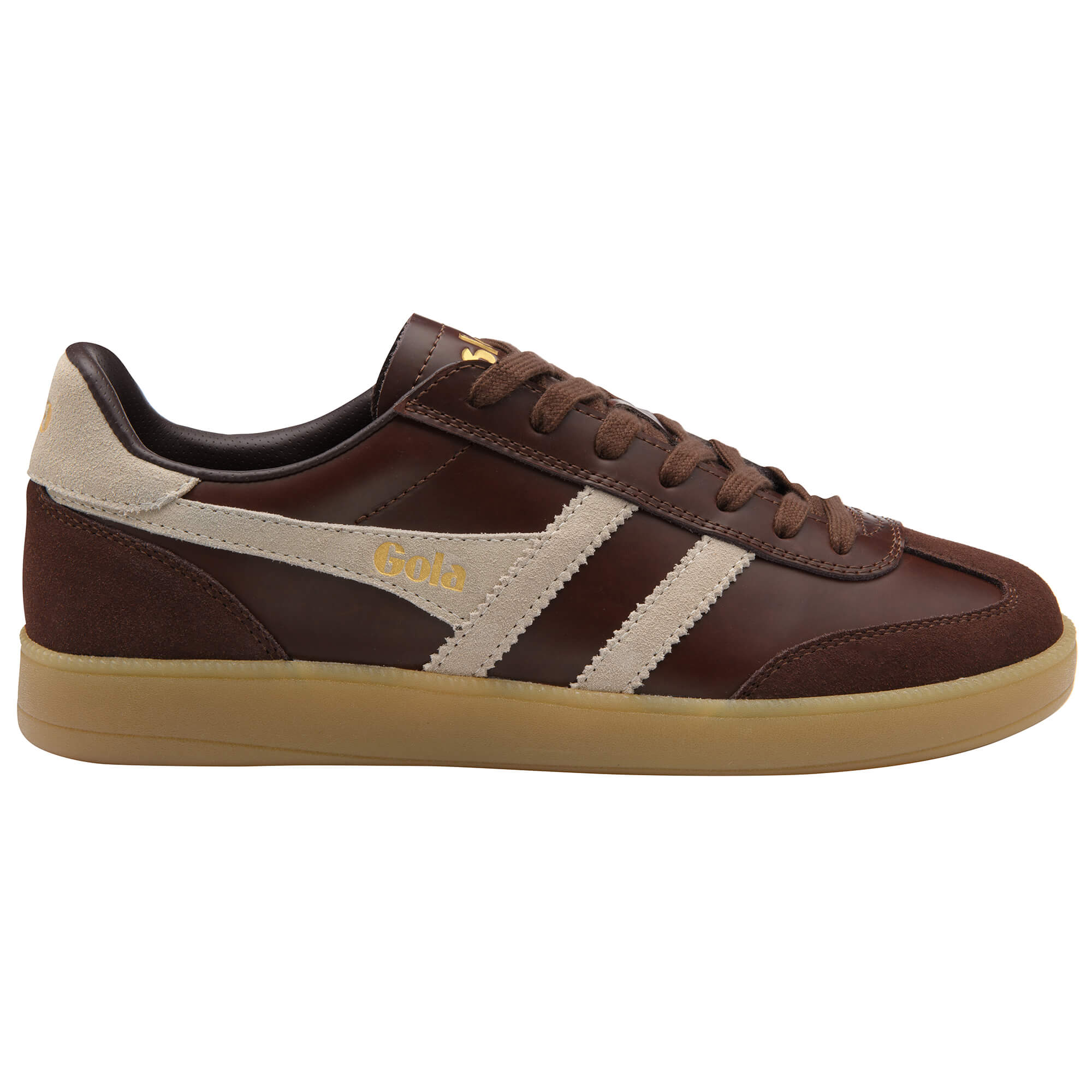 Brown Gola trainer with beige stripes and gum sole