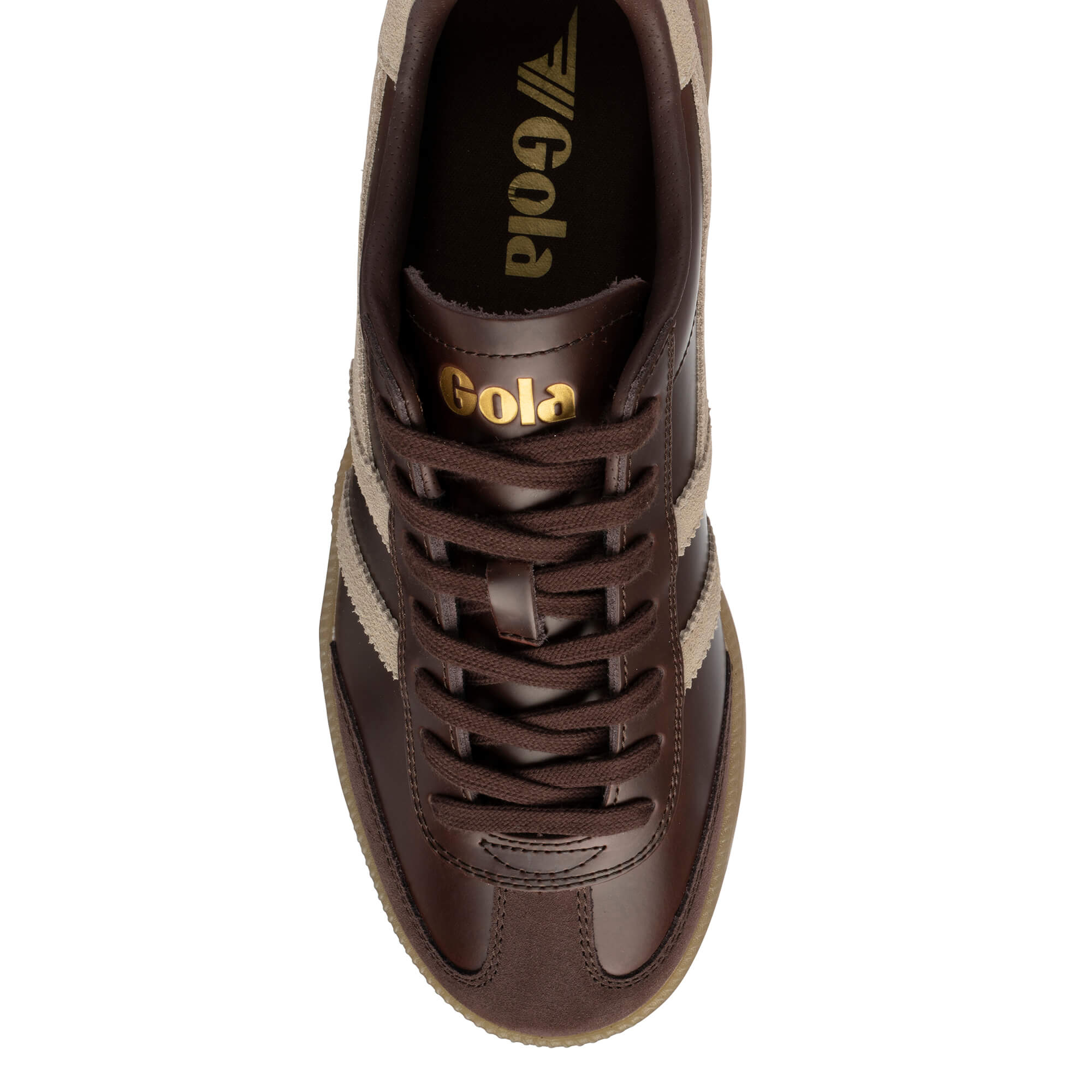 Brown Gola trainer with beige stripes and gold Gola branding