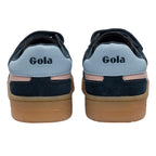 Rear view of navy blue Gola trainers with light blue heel tabs and pink stripe detail
