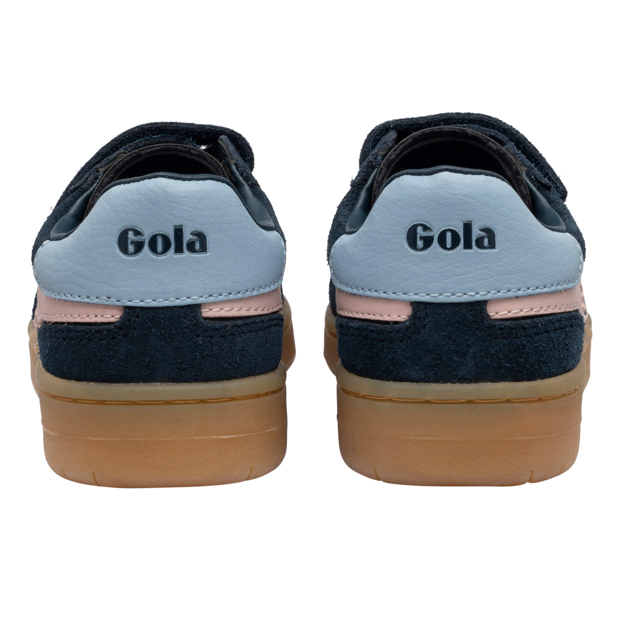 Rear view of navy blue Gola trainers with light blue heel tabs and pink stripe detail