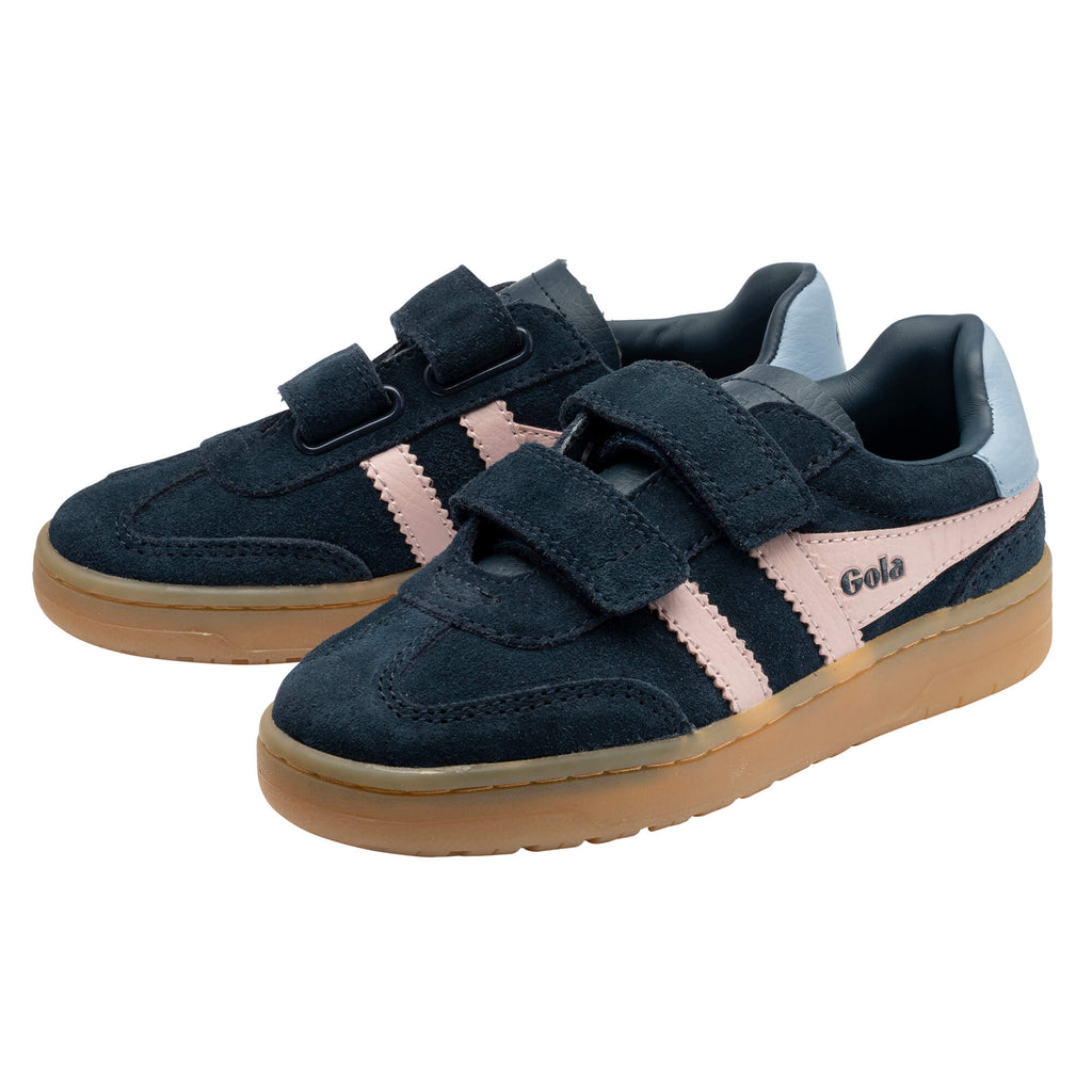 Pair of Gola Kids Coaster trainers in navy suede with pink stripes and light blue heel detail