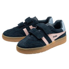 Pair of Gola Kids Coaster trainers in navy suede with pink stripes and light blue heel detail