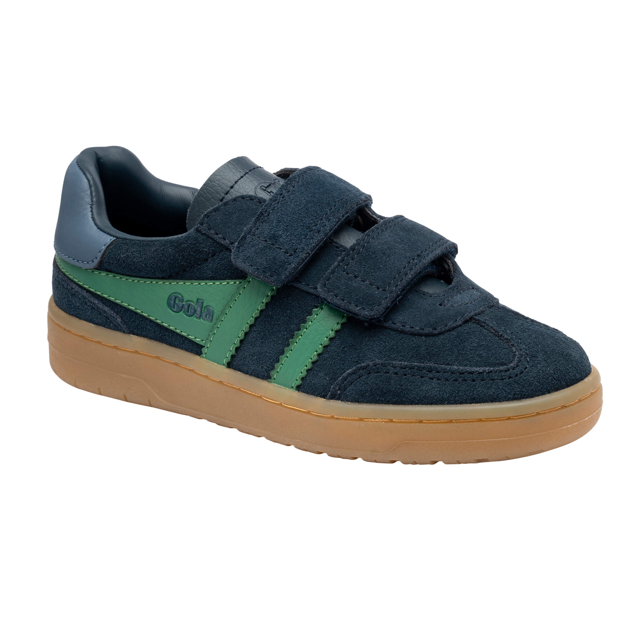 Gola Kids Coaster velcro trainer in navy and green with a gum sole