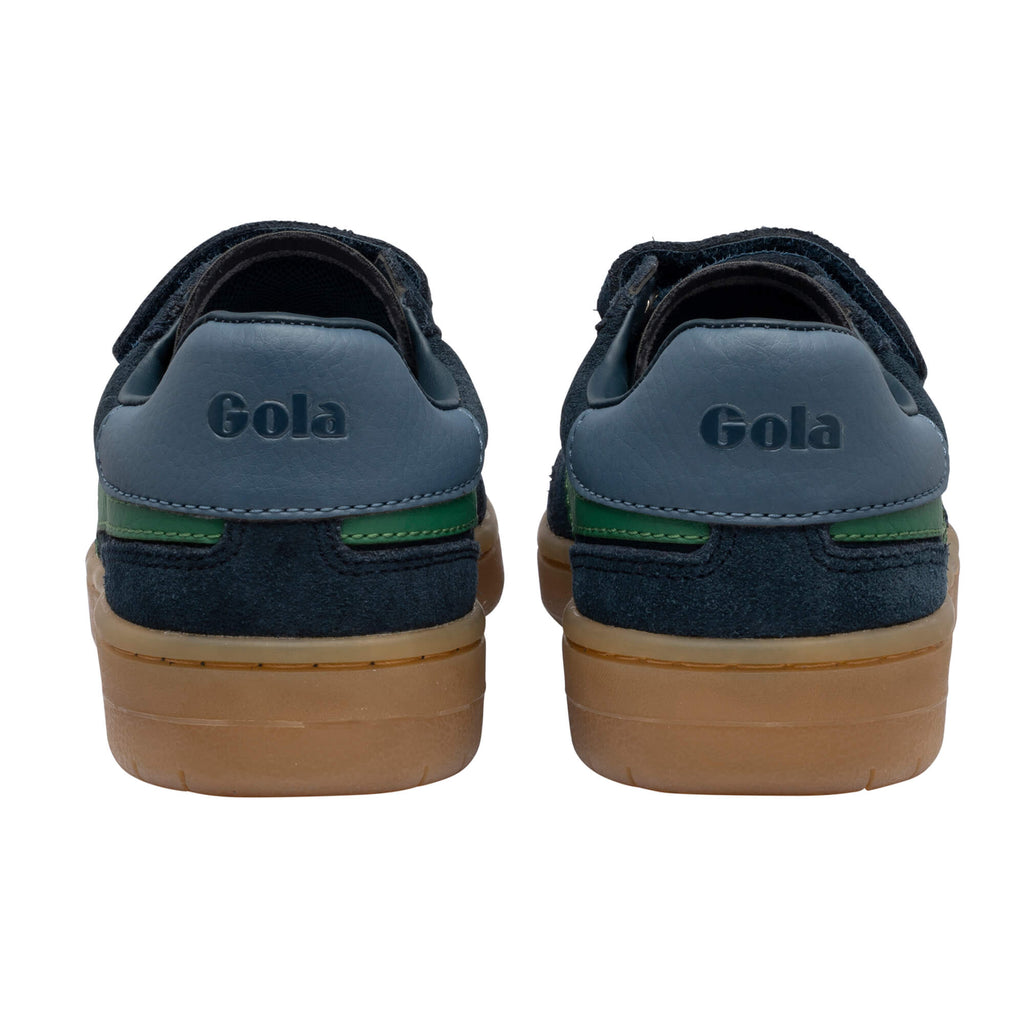 Pair of Gola trainers, navy blue with green stripe and brown sole, rear view