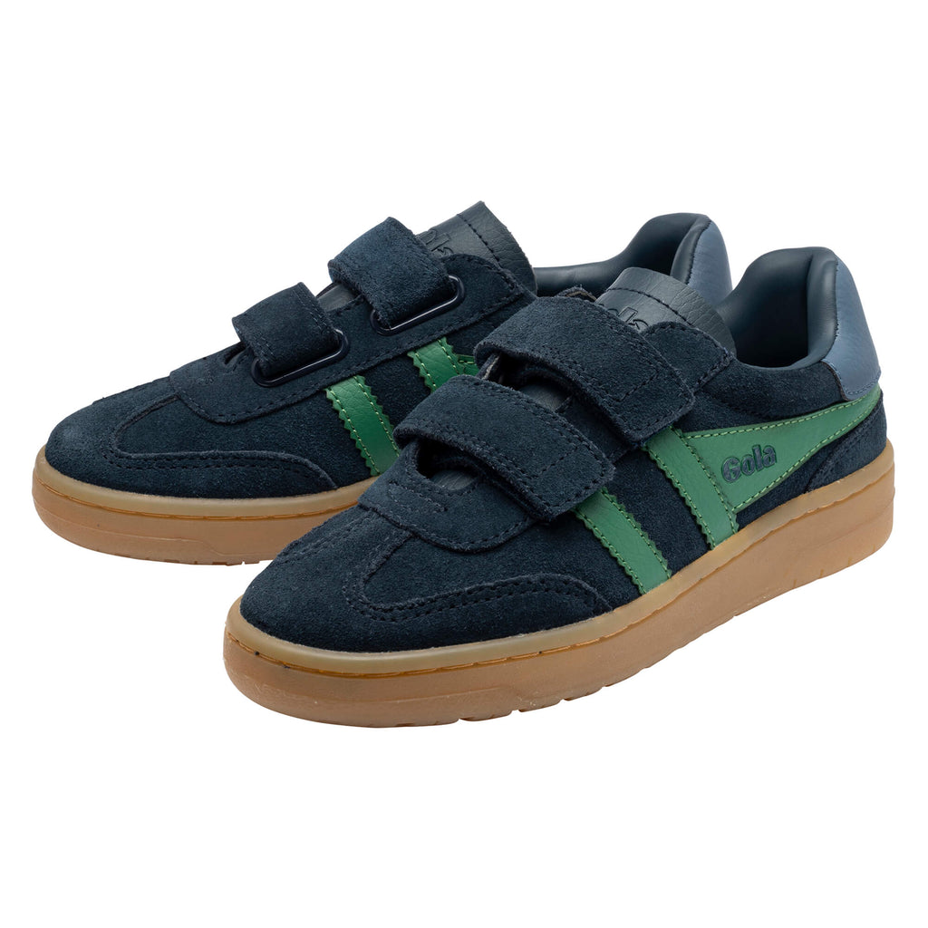 Pair of navy blue Gola kids trainers with green stripes and brown soles
