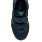 Navy blue suede Gola trainers with green stripes and two hook and loop fasteners