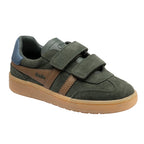Gola Kids Coaster Velcro trainer in dark green suede with brown stripes and a gum sole