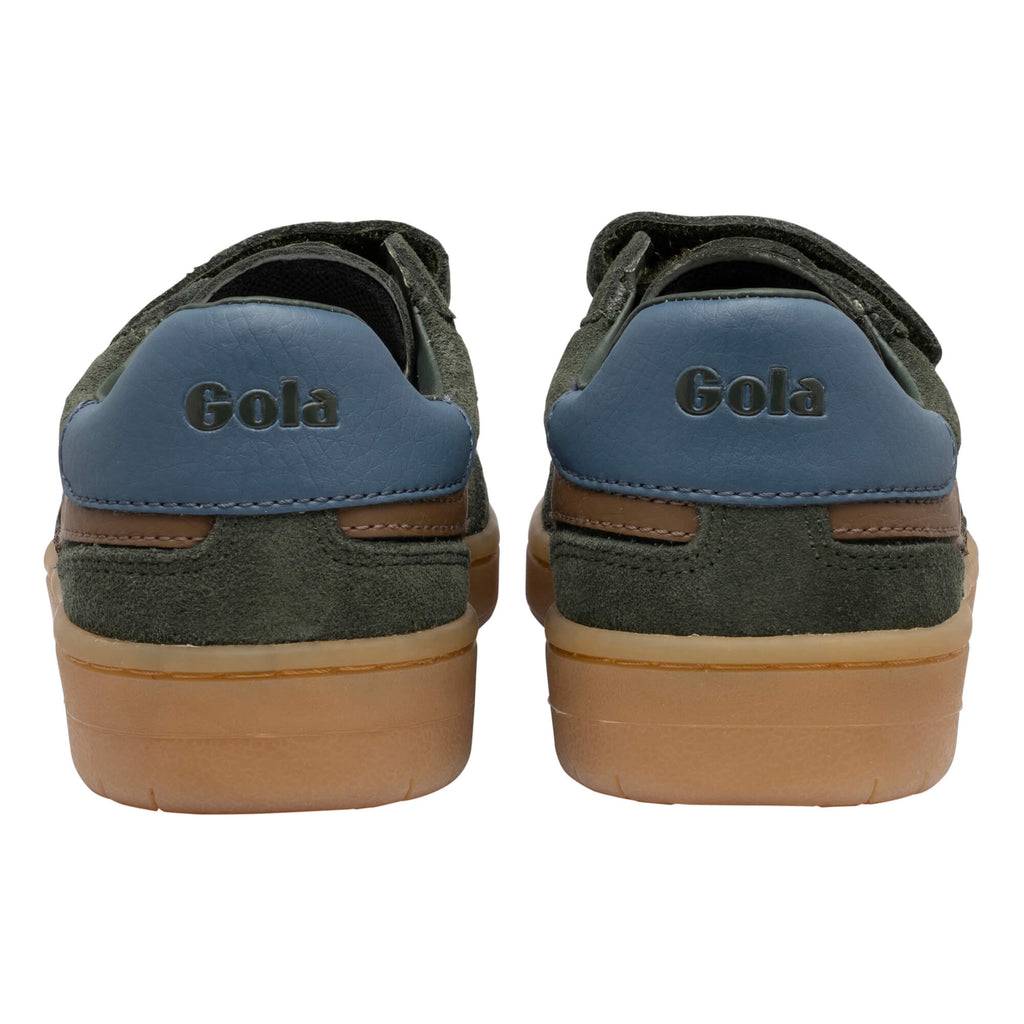 Pair of Gola trainers, dark green suede with blue heel tabs and brown gum soles