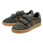 Pair of Gola Kids Coaster Velcro trainers in dark green suede with brown stripes and gum sole