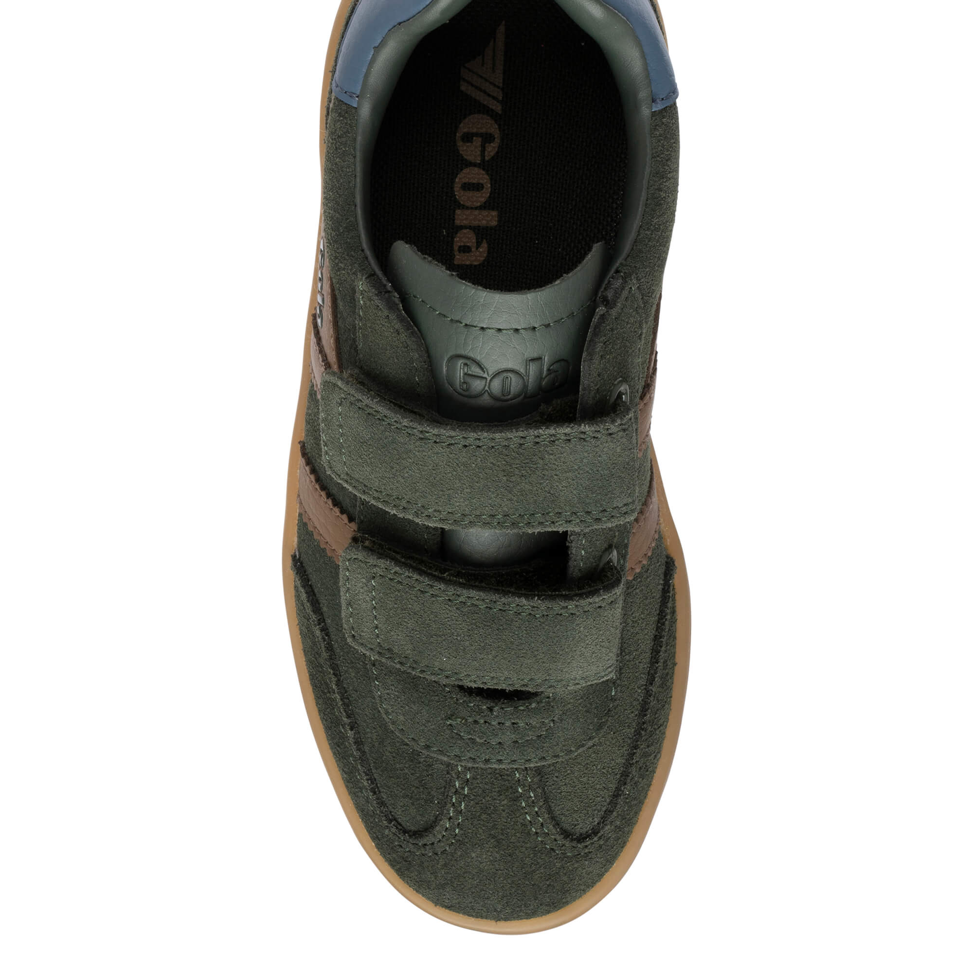 Top-down view of a dark green suede trainer with two hook-and-loop straps and a brown rubber sole